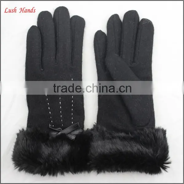 Women Woolen Cheap Hand Gloves Winter Dress Gloves With Black Fake Fur photo-4