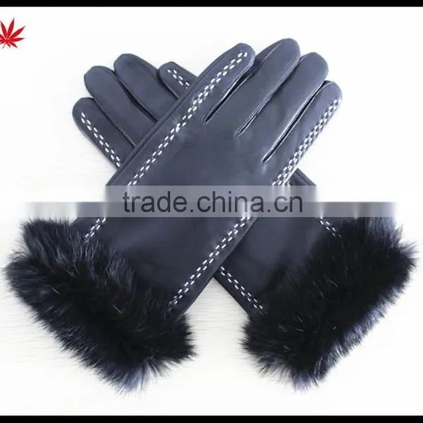 Rabbit Fur Trim Leather Gloves Women Leather Gloves photo-3
