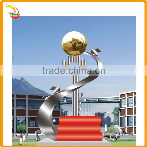Metal Stainless Steel Book Ball And Bird Sculpture For School Decoration