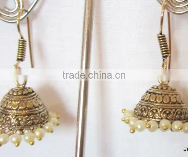 Antique Gold Tone Jhumka Pearl Bollywood Dangler EARRINGS photo-2