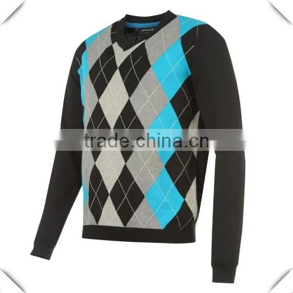 Men's 100% Cotton Stretch Fit Ribbed Collar V-neck Golf Sweater