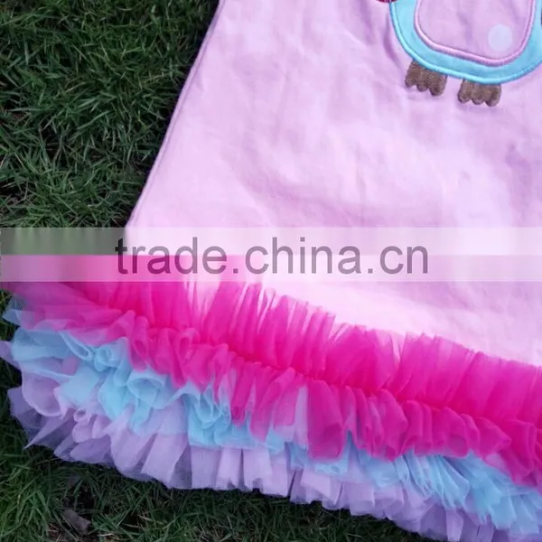 Pink Girls Dress New Design Ruffle Dress Clothes 100%cotton Cute Owl Children Kids Clothes With Matching Necklace and Headband photo-3