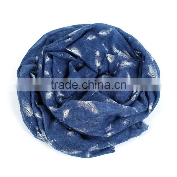 Cotton Polyester Blend Scarves & Wraps Rectangle Silver Blue Feather Scarf Wholesale photo-3