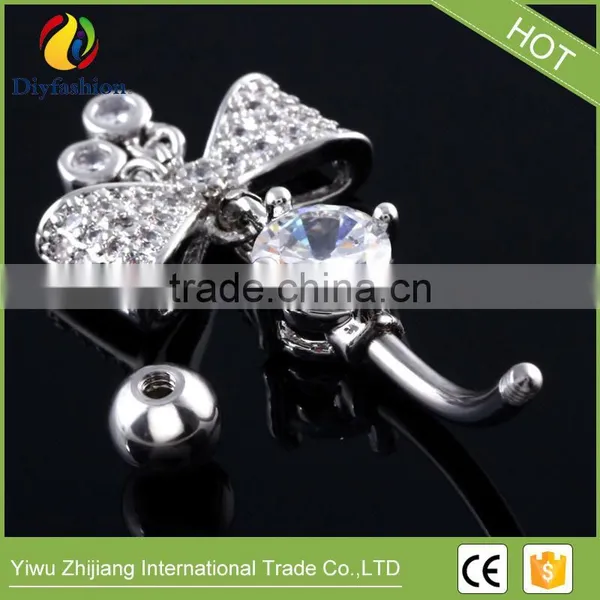 Stainless Steel Big CZ Bowknot Long Navel Ring photo-6