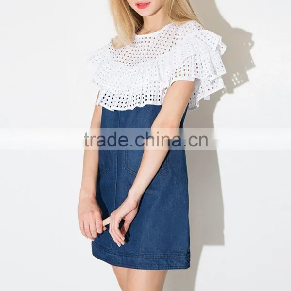 New Latest Girls Sweet Ruffle Mesh Casual Denim Mini Dress Women Patchwork Designs For Dresses photo-2