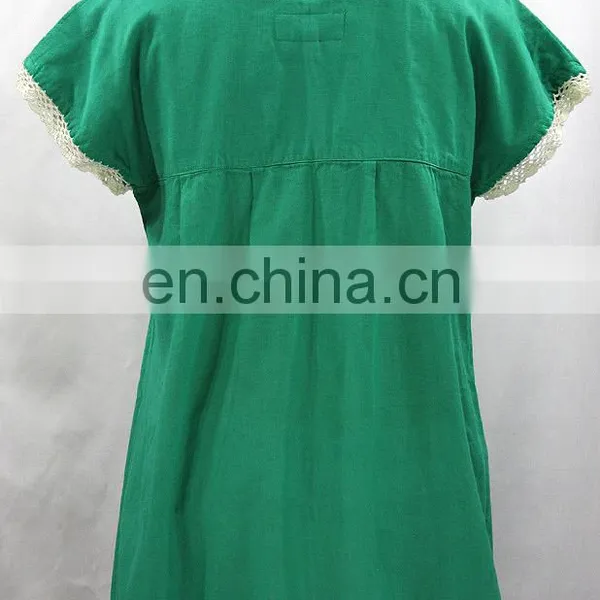 Green Cotton Women's Maxican Handcrafted Multi Color Embroidered Kaftan Party Wear Short Dress photo-2