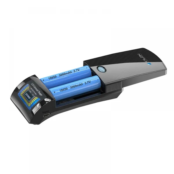 Stylish Battery Charger With Sliding Cover, USB-C Input, 2 Slots, With Color Screen Indicator