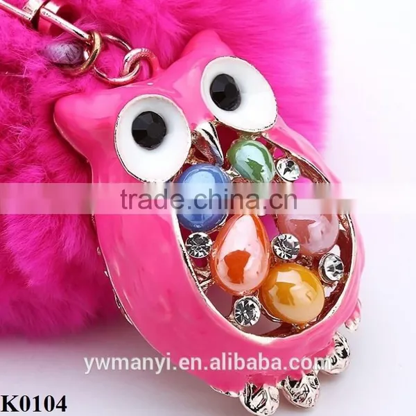Colored Owl Keychain Fur Ball Key Chain Owl With Gemstone Keychain Keyring K0104 photo-2