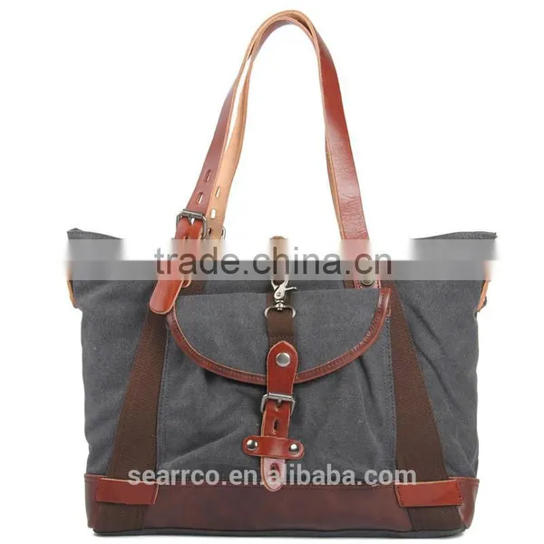 Wholesale Super Canvas Shopping Bag Beach Tote Bag With Leather Trim and Leather Handle photo-2