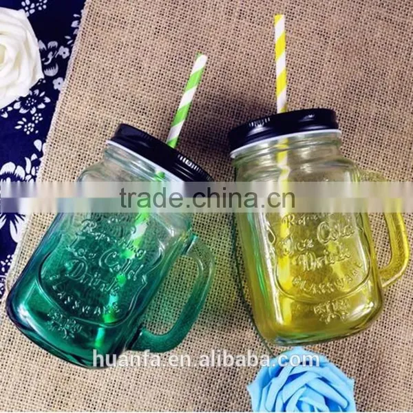 Hot Selling Products of Glass Drink Pump Lid 480ml Colorful Glass Mason Jar With Handles Wholesale photo-2