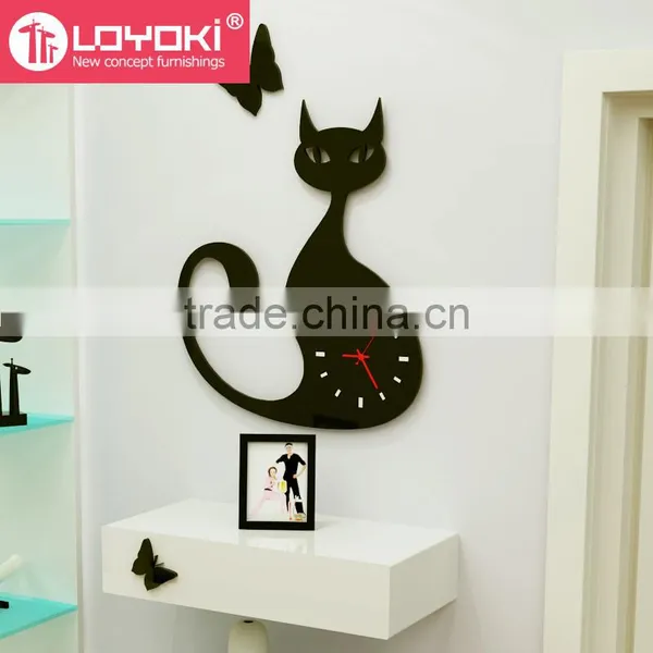 Wall Hanging Home Decorative Wall Mounted Clock New Diy Design Lovely Cat Shape Wooden Wall Clock photo-2