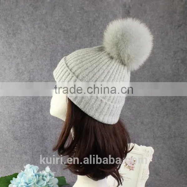 High Quality 15cm Fox Fur Real Sheep Wool Knit Beanie Hat With Fox Fur Ball photo-4
