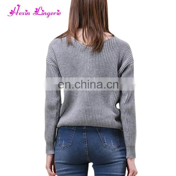 New Arrival Sexy Gray v Neck Ladies Fancy off Shoulder Custom Knitted Cashmere Sweater photo-3