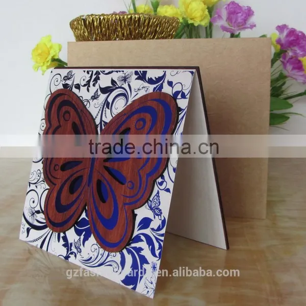 Gold Blue Bengali Wooden Butterfly Wedding Invitation Card photo-4