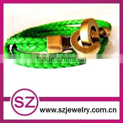 PUB0049 Braided Green Leather Vintage Bracelet Clasp