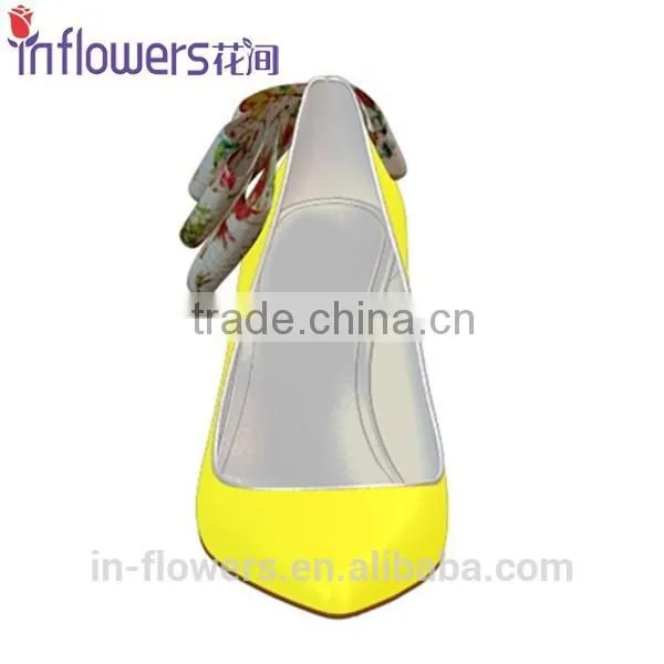 Yellow Patent Leather With Back Bowtie Pointed Toe Women High Heel Shoes photo-2