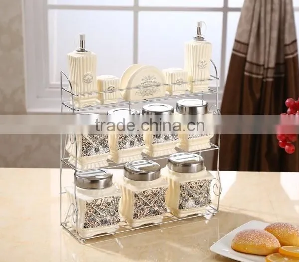 Kitchenware Food Storage Ceramic Canister Set With Metal Stand photo-3