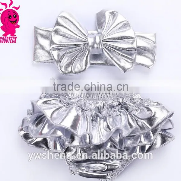 Infant Baby Solid Gold Metallic Bloomer Shorts Ruffle Girls Bloomer With Headband Set photo-3