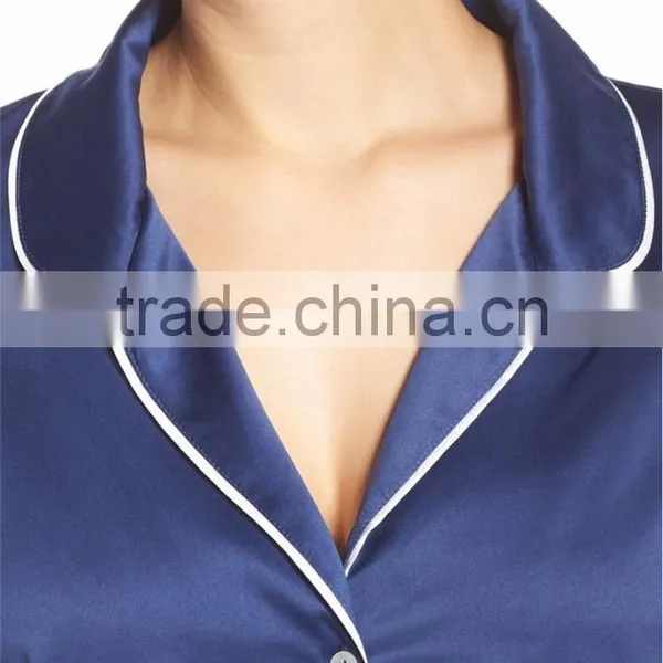 Hot Sale Women Long Pajamas Set Long Sleeve Button Top With Long Pants White Piping Pyjama Set Navy Blue photo-5
