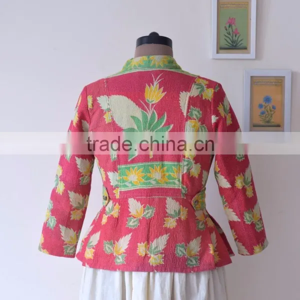Handmade Vintage Kantha Boho Jacket in One of a Kind Fuschia & Green Print ~ Small photo-3