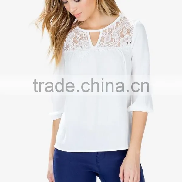 Crew Neck Long Sleeves Fashion Lace Blouse With Keyhole Front photo-2