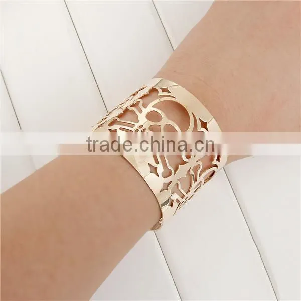 Gold Plated Cylinder Halloween Skeleton Skull Hollow Open Cuff Bangles Bracelets photo-3