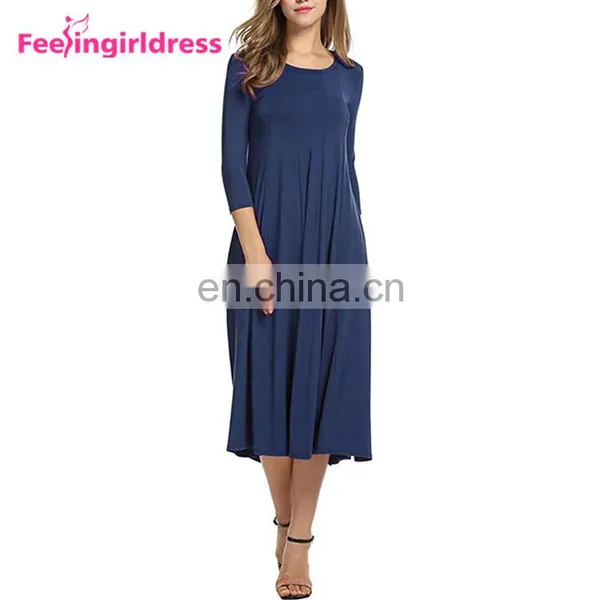 Latest Design Women Blue Long Sleeve Plus Size Autumn Midi Casual Dress photo-2