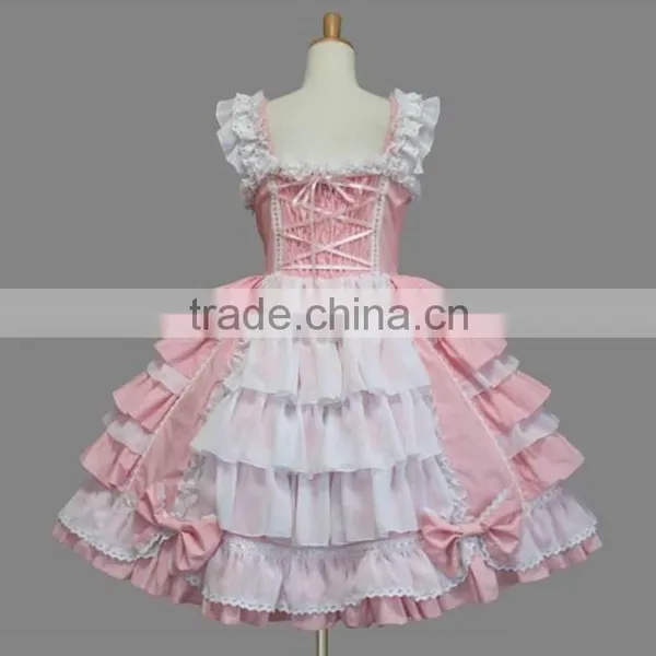 Cute Pink Harness Cotton Wrinkles Middle Waist Fancy Princess Girls Lolita Dress Cosplay Costume