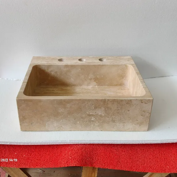 High Quality Rectangular Travertine Marble Factory Custom Vessel Sink Handmade Stone Vanity Bathroom Basin Hotels Villas Garden photo-5