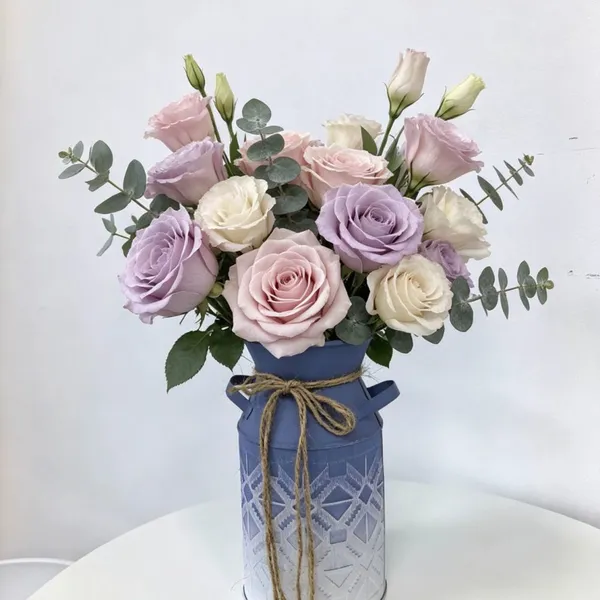 Blue White Metal Milk Can Vase With Jute Rope, Farmhouse Embossed Metal Pitcher for Home & Wedding Decor photo-2