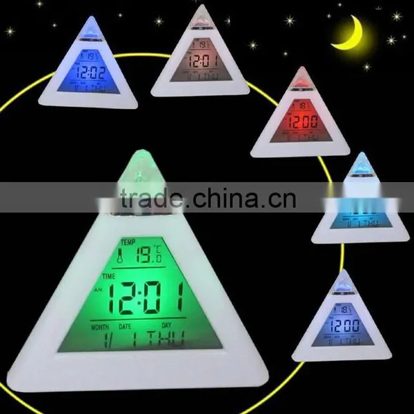 7 LED Color Triangle Alarm Clock Change Alarm Clock Pyramid Digital LCD Snooze photo-2