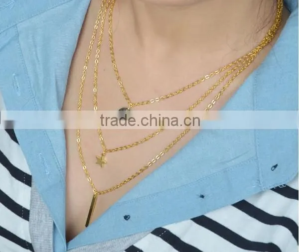2014 Layer Necklaces Round Disk Star Bar Necklace Dainty Chain Necklace Set photo-2