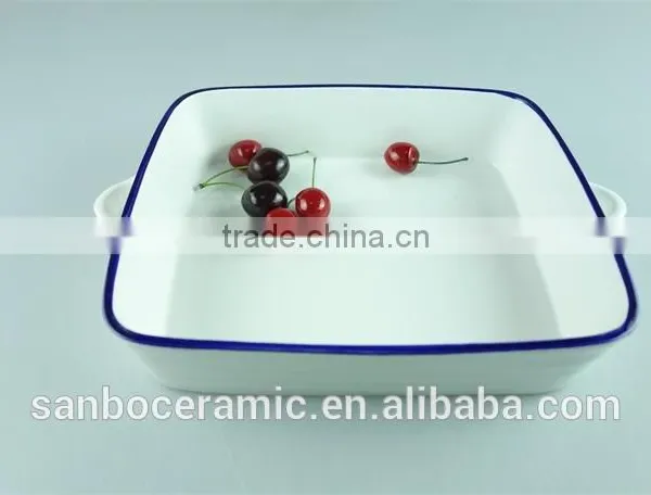 White Blue Line Zakka Style Enamel Ceramic Baking Dish With Handles Rectangular Baking Dish photo-3