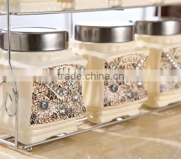 Kitchenware Food Storage Ceramic Canister Set With Metal Stand photo-5