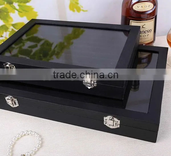 Black Wooden Leather Jewelry Display Stand Ring Tray photo-6