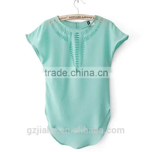 NEW 2015 Summer Women's Clothing Blouses Shirts Chiffon Front Hollow Out Vintage Short Batwing Sleeve Shirt Top 6 Colors photo-2