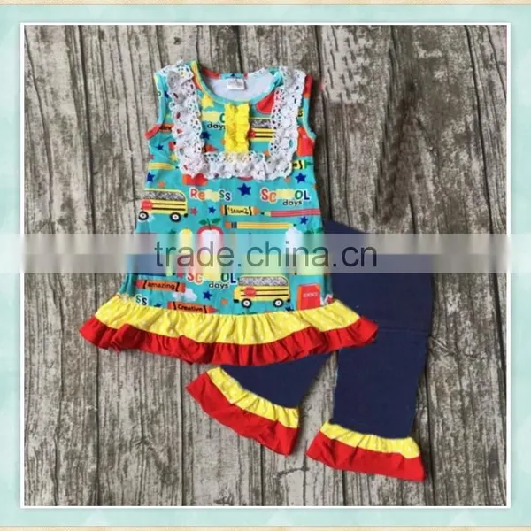 2017 Popular Series Baby Girl Sleeveless Back to School O-neck With Lace Fioral Print Ruffle Clothes Outfits Pictures photo-4