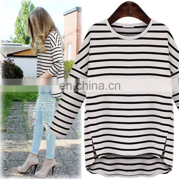 Korean Style Stripe Cotton T Shirt Round Neck Short Front Long Back Women Blouse Autumn Casual Yarn T-shirt for Ladies