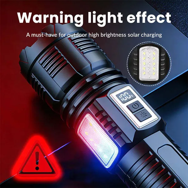 Wholesale Solar Powered Rechargeable LED Flashlight 800M Long Range 3600mAh Power Bank Telescopic Zoom Torch With Side Warning Light photo-3