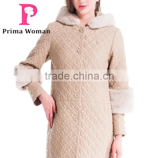 Winter Women Medium Length Embroidered Leather Coat With Detachable Beaver Rabbit Skin Hat Overcoat photo-5