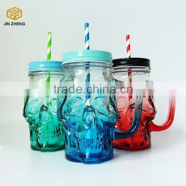 Skull Shape Mason Glass Jar Mug With Lid and Straw