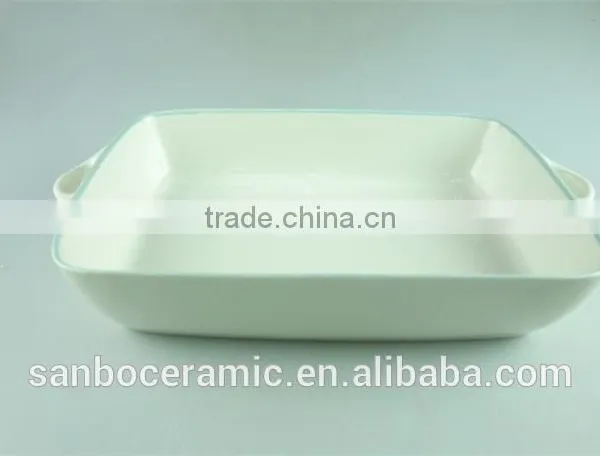 Enamel Ceramic Baking Dish White Green Line Decor Serving Dish Rectangular With Handle photo-3