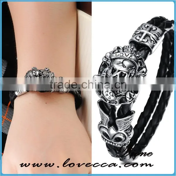 New Trending Skull Style Stainlesss Steel Genuine Leather Bracelet Men photo-2