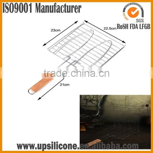 Non-Stick BBQ Fish Grilling Basket / Grill Stainless Steel Wire Mesh/BBQ Grill Mesh With Wooden Handle/Grill Lattice photo-5