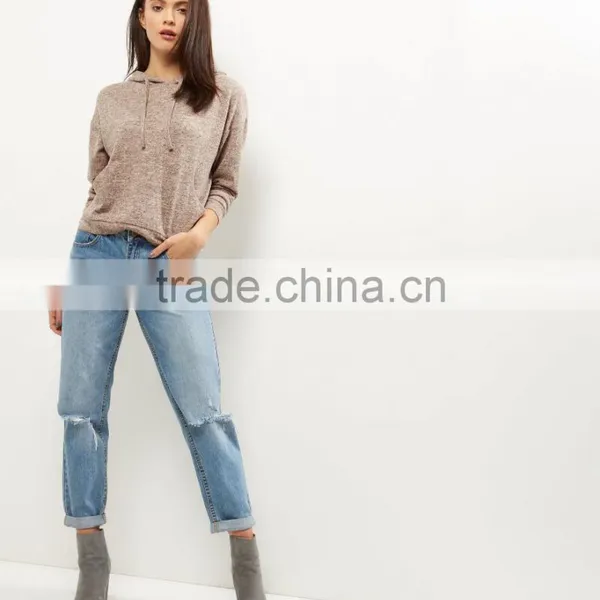Crop Hoodies Women Simple Long Sleeves Grey Brushed Marl Cropped Top Hoodie photo-4
