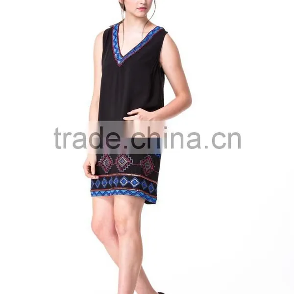 Beaded Embroidery Shift Dress Factory Price Accept Small Order V-neck Sleeveless Dress in Navy Blue Women Dress photo-3