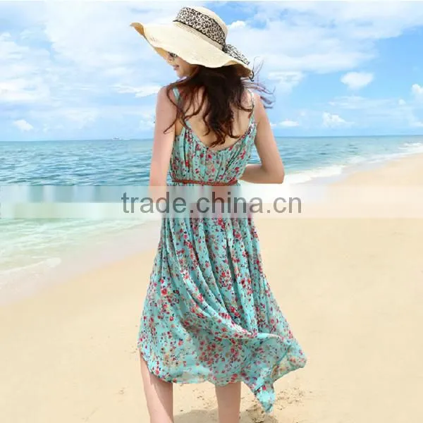 Ladies Sleeveless Floral Print Bohemia Summer Chiffon Elegant Casual Beach Dress photo-2