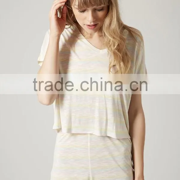 Beige Striped Tee and Shorts Set Women Pajamas photo-2