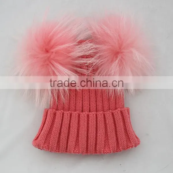 Myfur Navy Color Raccoon Fur Pompoms Top Wool Knitting Beanie Hat for Cute Baby photo-3