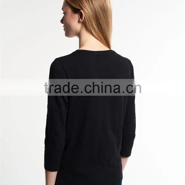 China Supplier Shandao Latest Model Good Quality Autumn Casual 3/4 Sleeve Round Neck Black Embroidered Cotton Tops For Women photo-3